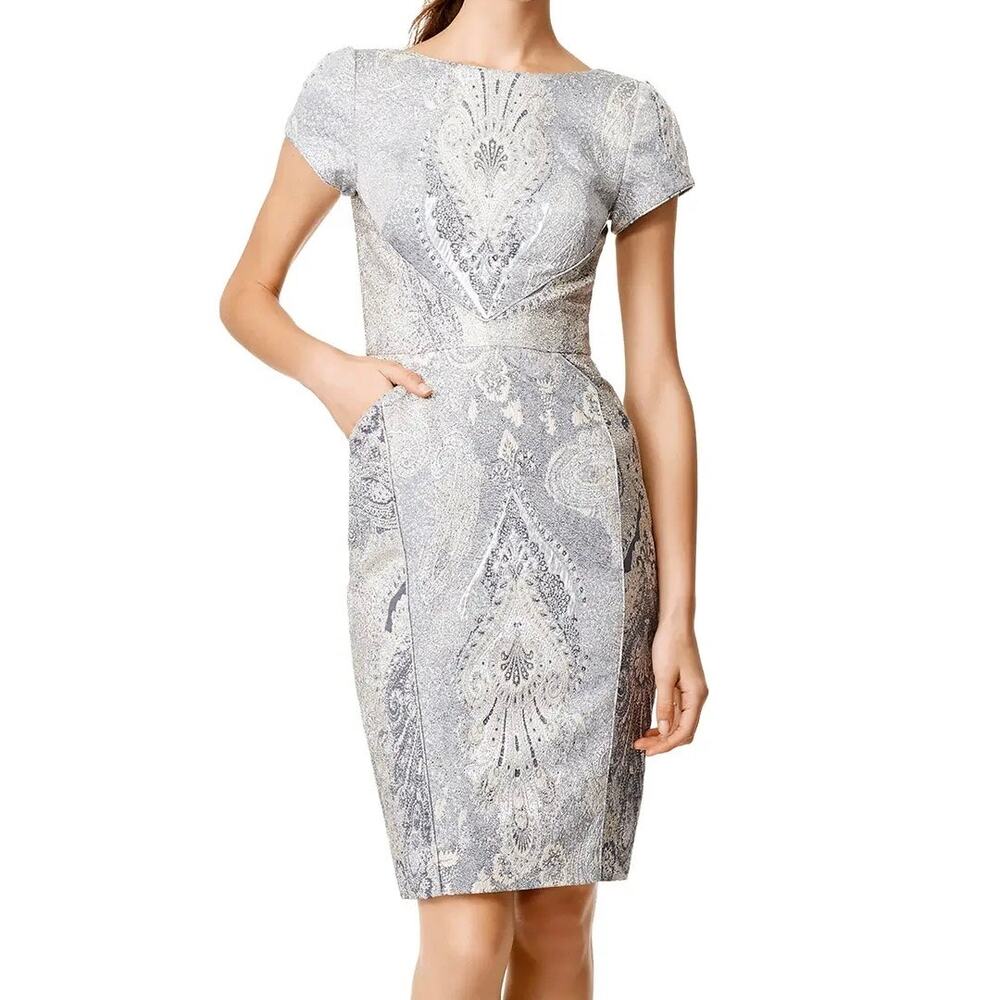Theia Couture Silver Metallic Brocade Cap Sleeve Sheath Cocktail Dress Size 2